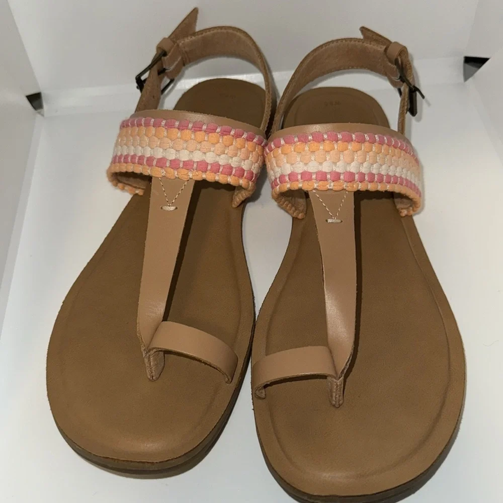 TOMS‎ Bree Leather Slingback Sandals w Ring Toe Women’s 9.5 Boho Woven Accent
